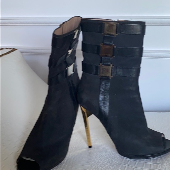 Black Nubuck Platform High Heel Open Toe Bootie - Picture 5 of 7